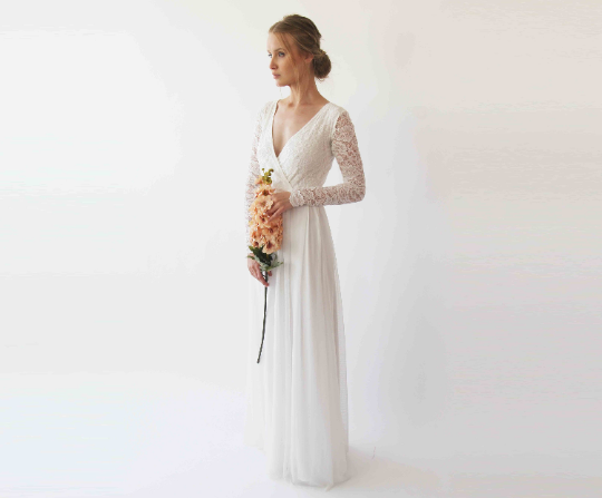Long Sleeves Wrap Lace Wedding Dress With Chiffon Skirt , Ivory Lace , –  Boho Jeans